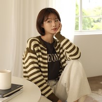 빼빼 여성용 스트라이프 라운드넥 집업 니트 가디건