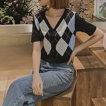 여성용 아가일 크롭 가디건 니트