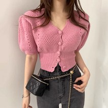 아이엠몽 여성용 도키 반팔 V넥 여름 퍼프소매 가디건