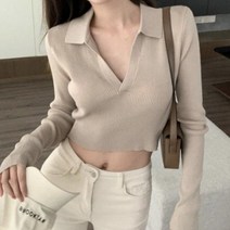 피어니스트 여성용 카라 브이넥 크롭 니트 티셔츠