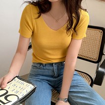 레몬소울 여성용 몬티 슬림 브이넥 골지 반팔티