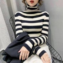 레몬소울 여성용 나이밍 스트라이프 목폴라 긴팔 니트