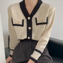 패션풀 여성용 포켓 와플 브이넥 진주 가디건 28612