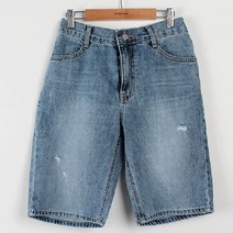 빼빼 여성용 허리뒷밴딩 일자핏 스크래치 5부 청바지