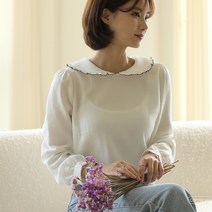 빼빼 여성용 라운드 프릴카라 코튼 블라우스
