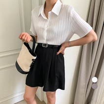 무드인더 여성용 세미크롭 링클 주름 반팔셔츠