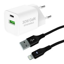 스타쉴드 30W GaN USB PD PPS 멀티 고속충전기 + 라이트 아이폰8핀 고속충전케이블 1.2m 세트, 1세트, 화이트(충전기), 블랙(케이블)