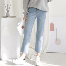 슈가펀 여성용 멜라 연청 크롭 데님 일자 팬츠