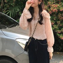 어썸풀 슈르 프린트 프릴 쉬폰 블라우스