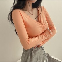 미니브 여성용 슬림핏 잔골지 가슴셔링 브이넥 물결 트임 크롭 긴팔티