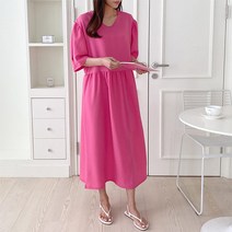 티탁 여성용 빅사이즈 데일리 루즈핏 유브이넥 셔링 퍼프 반팔 무지 러블리한 롱원피스