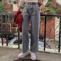 큐니걸스 여성용 수선놉8 언더 원핀턱 와이드 데님 팬츠 숏버전