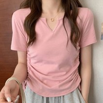 여성용 심플 옆주름 스트링 셔링 무지 반팔 티셔츠 HN043