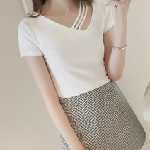 여성용 슬림 사선 언발 스트랩 반팔 티셔츠 JNH1120