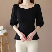 시크라인 하트넥 퍼프 소매 7부소매 뒷밴딩 블라우스