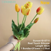 실리콘 튤립 (3 꽃 + 2 봉) 부케 리얼 터치 색 칼라 홈 인테리어 인공 웨딩 인디고, 11 IDST11