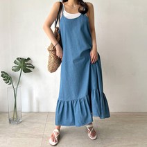 네모엔룩 여성용 데님뷔스티에 끈 나시 민소매 맥시 롱 원피스