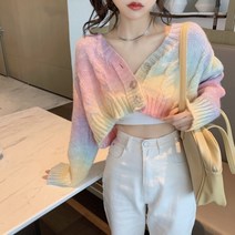 브이넥 숏 크롭 가디건 레인보우 스웨터 여성용 루즈핏 풀오버