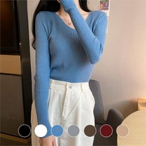 다잇템 여자 딱붙는 V넥 골지니트 슬림핏 긴팔티 (9415488)