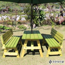 착한테이블 전문목수 일체형 야외용 탁자 세트 야외평상 파라솔 야외테이블, 4인 등받이 연녹색