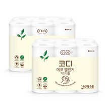 (코디) 코디 에코 챌린저 키친타월 140매*6롤 2팩 (친환경인증/천연펄프/무형광)