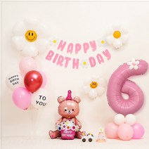 [피앤비유니티] 데이지곰돌이 가랜드형 생일풍선세트, 04-6)데이지곰돌이 가랜드형-핑크 숫자6