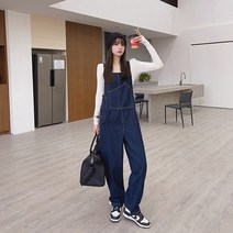 여성 멜빵 복고 바지 점프수트 메쉬 붉은 소금 시리즈 복고풍 데님 바지 여성 봄 여름동안스 오버핏 스트레이트 와이드 레그 점프 슈트