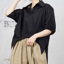 여성 튤립소매 반오픈 카라넥 볼륨 언발 롱 블라우스