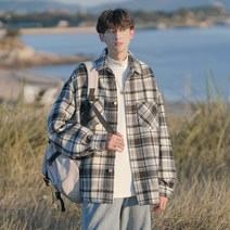 빈티지 블루종 모직 남성 일본스타일 라펠 카라 남자체크자켓