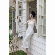 브라이덜샤워 화이트 원피스 셀프 웨딩 스냅촬영 드레스 欧洲站桔梗法式连衣裙优雅名媛修身晚礼服气质白色蕾丝抹胸长裙子