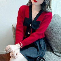 여성 캐주얼 리본 브이넥 니트티 하늘비즈 A10 T670U473