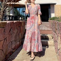 미미앤느 에스닉 핑크 플라워 캉캉 롱 원피스 비치룩 바캉스룩