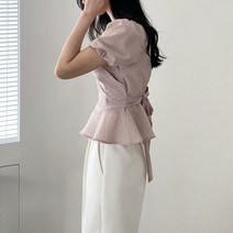 코지 청순한 랩스타일 뒷리본 프릴 밑단 반팔 블라우스