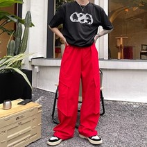 레드 디자인 워크웨어 와이드 레그 팬츠 남성 스트레이트 루스 힙합 스트리트 캐주얼 팬츠