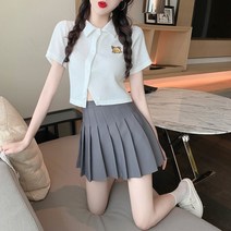 캐쥬얼반팔티셔츠 숏 플리츠 스커트 학원 무드 작은 키 달콤하고 맵다 누이동생 코디 치마세트 4672896751