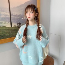 나루니 W05522 여성니트맨투맨 별그림 별패턴 오버핏 루즈핏 겨울맨투맨