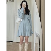 ALin 귀여운 미니 날짜 드레스 여성 한국 일본식 디자인 싱글 브레스트 레트로 빈티지 블루 화이트 버튼