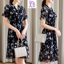 링크어패럴 여성 시폰 꽃무늬 브이넥 리본 허리 밴딩 원피스 프릴미디원피스