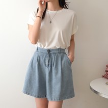 데일리앤 파이크 여성 밴딩 핀턱 와이드 팬츠 여름 3부 청 반바지