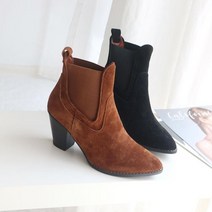 미미코코 / 스웨이드 첼시 밴딩 앵클부츠 디커 하이힐 통굽 7.5cm