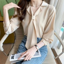 작은 터틀넥에 리본 긴팔 셔츠 여성용 상의 접합 봄옷 신상품