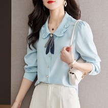 봄 블라우스 여한계 고급감 블루 시크 탑 칼라 셔츠