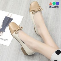 몬드스팟 3cm 여성 둥근코 우드굽 배색 리본 미들힐 구두 펌프스힐 옐로우 (DM529)
