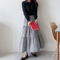 매일리룩 캐주얼 허리밴딩 체크 캉캉 플레어 롱 원피스