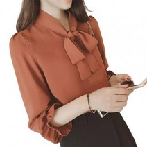 여성 패션 우아한 단색 긴 퍼프 소매 블라우스 단추 넥타이 나비 셔츠 사무실
