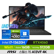 [사은품 증정!] MSI 스텔스 15 A13VF 4K 13세대 고사양 배그 롤 오버워치 로아 발로란트 슬림경량 15인치 게이밍 노트북 (코어i7-13620H/RTX4060), STEALTH 15 A13VF 4K, 윈도우 포함, 16GB, 512GB, 코어i7, 블랙