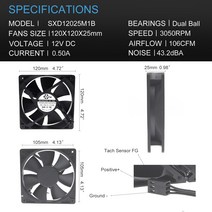 수족관냉각기 Sxdool 120mm 12cm 방수 방진 ip68 냉각 팬 120x120x25mm 3p 3 핀 듀얼 볼 베어링 3050rpm 고속 cfm 쿨러 40, 없음