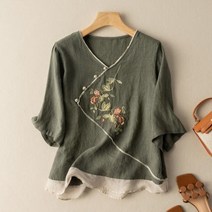 레니본블라우스 레트로 중국 스타일 전통 여성 셔츠 우아한 v넥 반팔 자수 블라우스 면화 및 라인 빈티지
