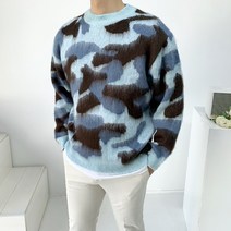 남자 봄 가을 겨울 부드러운 모헤어 브러쉬 앙고라 카모 배색 라운드 니트2color