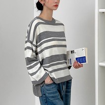 뜨개진 여성 오버핏 옆트임 언발 스트라이프 니트 타이턴라운드